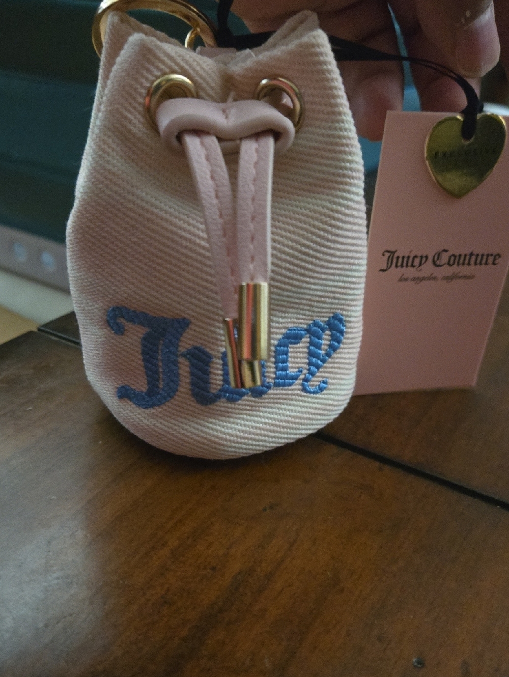 Juicy Couture Light Pink Mini Drawstring Pouch with Blue Embroidery